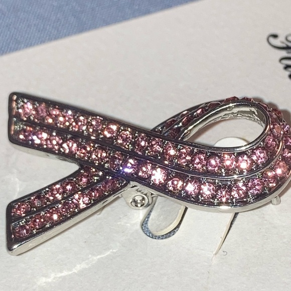 Fashion Jewelry Pink Crystal Ribbon Awareness Brooch - Picture 3 of 4
